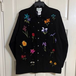 Quacker Factory Black Tunic Shirt with Colorful Floral Embroidery